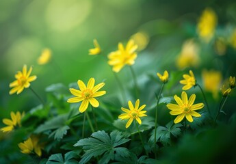Obraz premium field of yellow flowers growing in the grass, green leaves