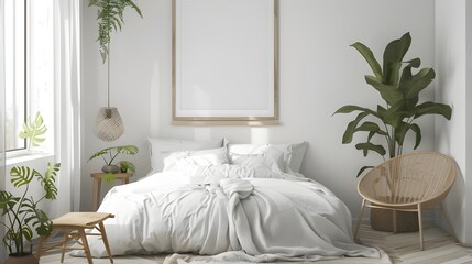 Crisp white bedroom with lush indoor plants and a large, prominent framed picture

