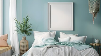Fresh and airy bedroom with teal accent wall and framed art above the bed