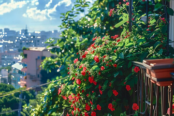 Obraz premium Lush green plants and vibrant red flowers thriving on a sunny balcony overlooking a city