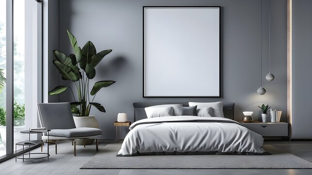Sleek, modern bedroom with gray tones and a large empty frame on a plain wall

