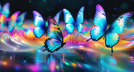 Abstract holographic background with butterflies