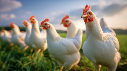Fototapeta premium Flock of White Chickens Standing in a Lush Green Field at Sunset