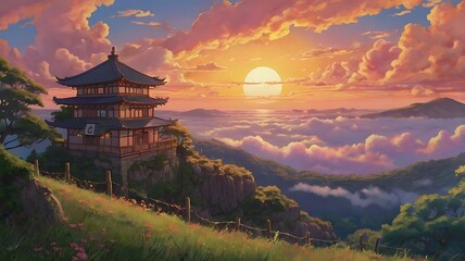 Fototapeta premium Japanese style illustration of beautiful sunset in horizon, oil painting with specific details in eastern art style