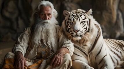 Elderly man with a long white beard sitting next to a majestic tiger