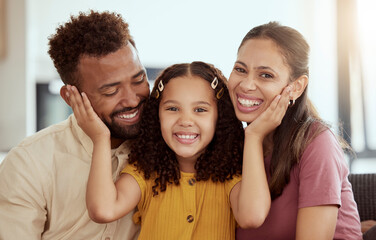 Portrait, woman and daughter with man in embrace, connection and comfort as family in home. Parents, young girl and affection for love, support and childcare with trust, together and happy in bonding