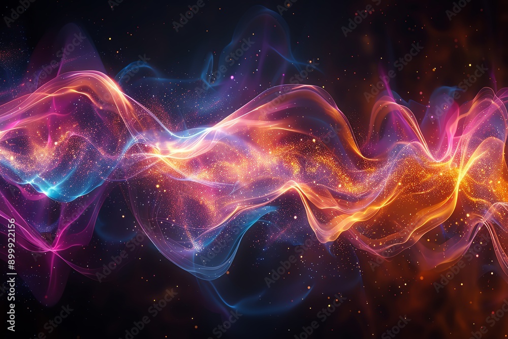 Poster dynamic abstract energy waves with vibrant colors in a cosmic setting, showcasing flowing, colorful 