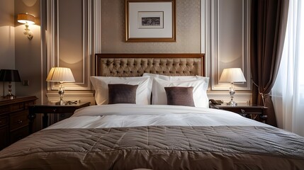 Traditional and classy bedroom with neutral tones and tasteful furnishings