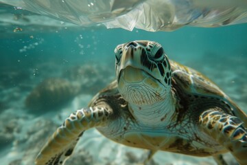 Fototapeta premium Sea Turtle Entangled in Plastic Bag underwater