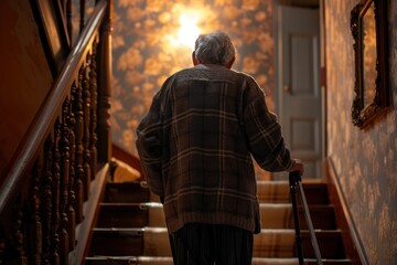 Senior with a cane ascending stairs, indoor setting, supportive railings, warm lighting, detailed and supportive