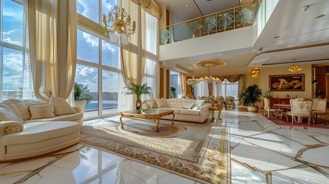Opulent two-story living room with expansive windows and a coastal view