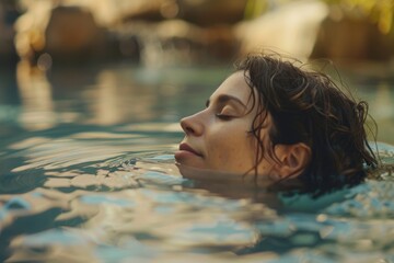 Fototapeta premium Serene woman in natural bath, tranquil retreat, relaxing spa experience