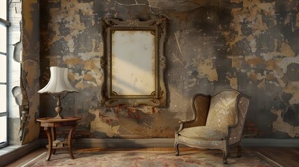  A rustic bedroom showcasing a weathered aesthetic with an antique mirror and peeling paint on the walls.