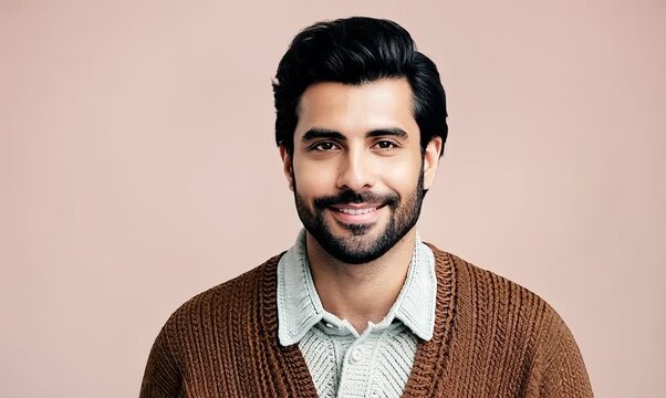 portrait of a confident Israeli man in his 30s wearing a chic cardigan against a pastel or soft colors background