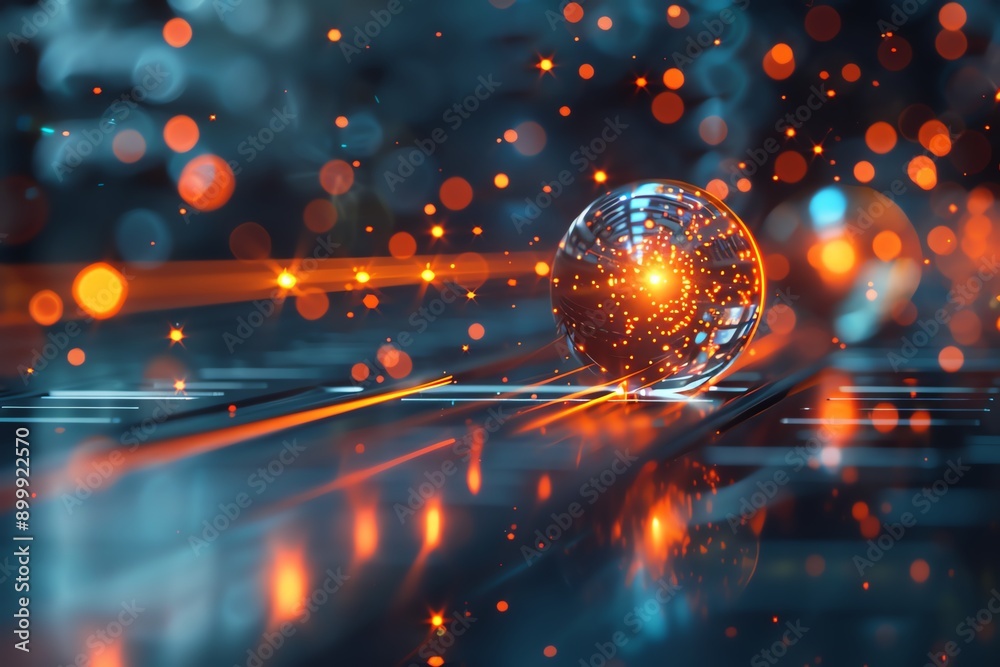 Poster Futuristic glowing sphere with light trails and bokeh background symbolizes technology, innovation, and digital transformation.