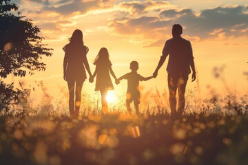 Silhouette of a family holding hands at sunset, mother, father, children, outdoor happiness, blurred nature background