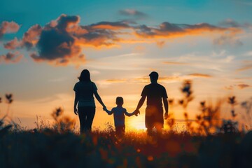 Silhouette of a family holding hands at sunset, mother, father, children, outdoor happiness, blurred nature background