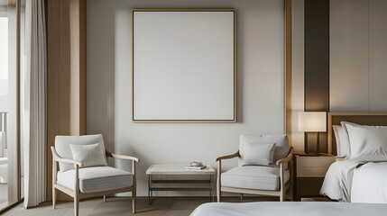 Minimalist room with a large blank framed artwork and modern furniture
