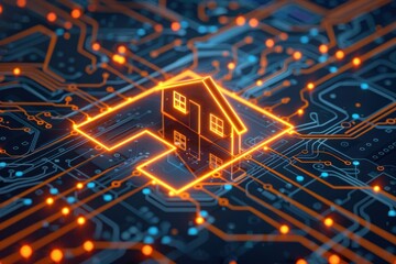 Smart Home Concept: Digital House glowing icon on a Circuit Board