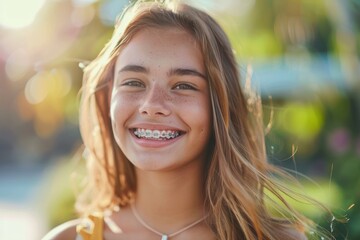 Fototapeta premium Smiling girl with braces on her teeth. Orthodontics and dental health