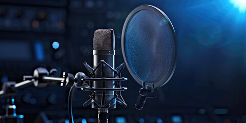 Fototapeta premium Professional studio microphone with dark blue background, for recording studios, broadcast setups, or podcasting environments, with copy space.