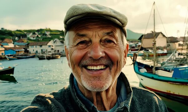 Environmental portrait video of a grinning man in his 50s wearing a cool cap or hat against a fishing village or dock background