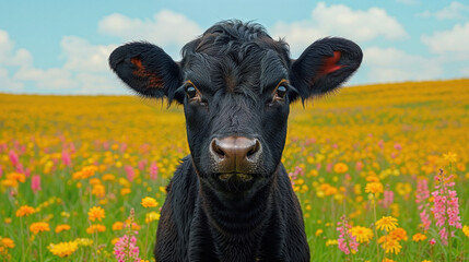 Black calf standing in a colorful field of yellow and pink flowers with a bright blue sky in the background