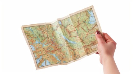 woman holding map isolated white background
