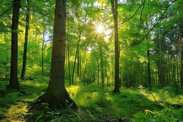 Obraz premium Sunlight filters through the trees in a serene forest, casting a warm glow over the lush greenery