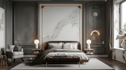 Luxury bedroom with marble accents, stylish lamps, and a plush headboard.