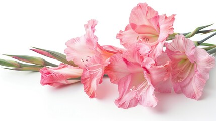 Gladiolus blossoms against white background isolated