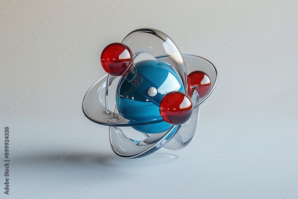 Poster 3D rendering of an abstract atom model with a blue nucleus and red electrons, representing science and molecular structure.