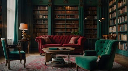 A warm and cozy home library, a royal green and crimson sofa in front of the library, a cozy and pleasant atmosphere, pots with large and attractive leaves