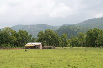 picturesque forested valley in a tranquil landscape with hilly range background