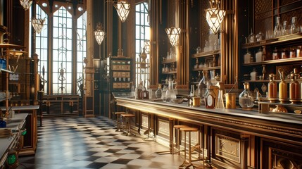 Fototapeta premium A luxurious vintage bar with ornate decor and glassware, exuding opulence and elegance. The room is illuminated by grand chandeliers and features a black and gold color scheme, enhancing the