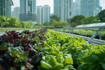 Fototapeta premium Vertical farming in a modern cityscape, promoting urban agriculture