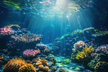 Obraz premium Vibrant underwater coral reef with colorful marine life and sunlight streaming through water creating a mesmerizing