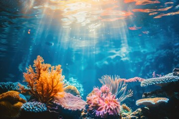 Obraz premium Vibrant underwater coral reef with colorful marine life and sunlight streaming through water creating a mesmerizing