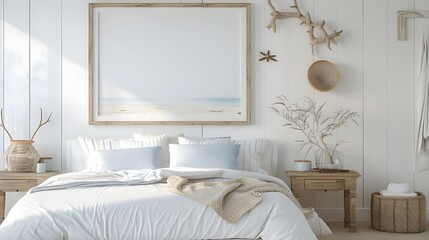 Bright and airy bedroom with light blue accents, white bedding, and coastal decor with empty wall Frame
