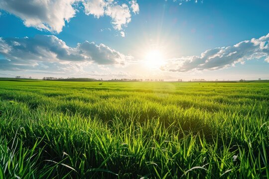 Wide-angle shot of vibrant green lentil fields