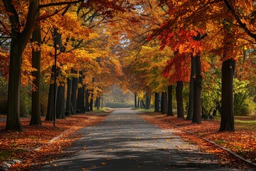 Fototapeta premium A captivating scene of a road flanked by numerous trees displaying vibrant fall foliage, Quiet park alley, laden with the colors of autumn trees, AI Generated
