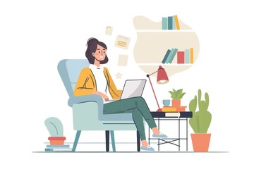 Woman having discussion or web conference chat. Work or study from home, freelance, online video conferencing