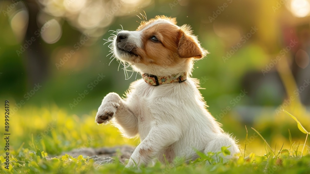 Wall mural Young Puppy Wearing Bow Tie Collar Scratching Itchy Neck Outdoors