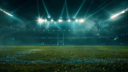 Modern football stadium with green lawn and blue spotlight. Soccer background. Football champions