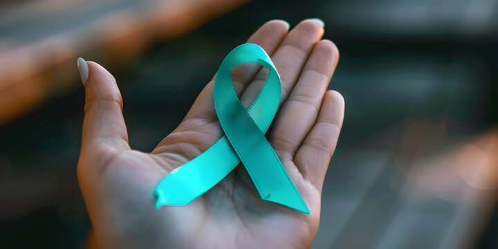 Teal ribbon on womans hand symbolizing awareness for ovarian cancer and PCOS. Concept Cancer Awareness, PCOS Awareness, Teal Ribbon, Health Advocacy