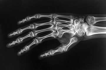 This X-ray image displays the skeletal structure of a hand with clearly visible bones, Radiographic film of the knuckles in high detail, AI Generated