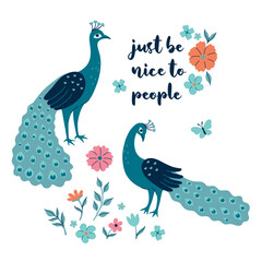 Postcard or poster with peacocks and flowers. Vector graphics.
