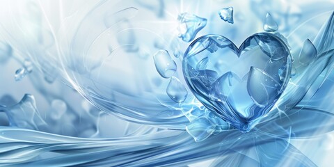 A background shimmering blue glass heart surrounded by fragmented glass pieces, set against a background of fluid, swirling blue and white patterns