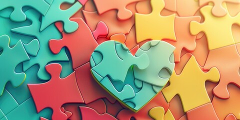 A heart-shaped puzzle comprised of colorful pieces symbolizing love, unity, and connection, set against a bright background