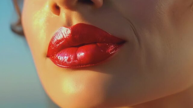Close-up of a pair of glossy red lips slightly parted, exuding a sense of sensuality and allure. The image highlights the vibrant color and smooth texture, capturing the essence of beauty and desire.